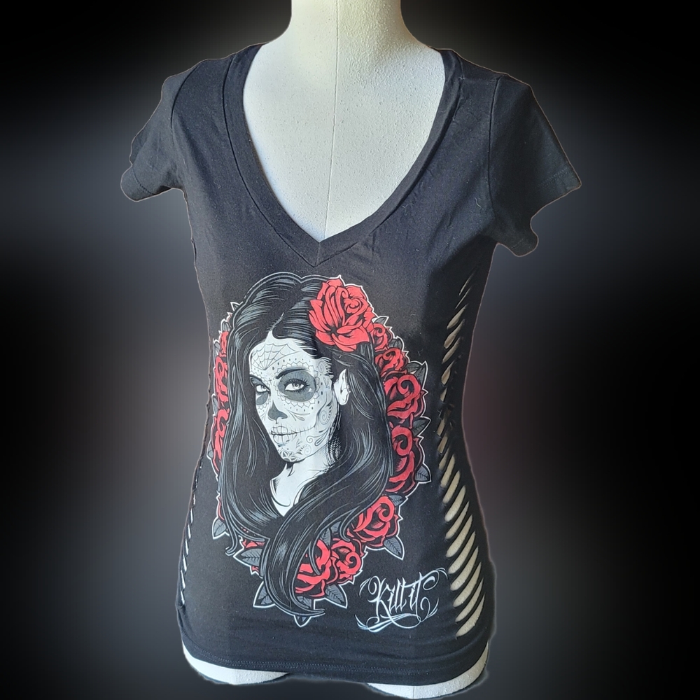Vintage Kill-It Brand Sugar Skull Girl Roses Slashed T Shirt Size Small
